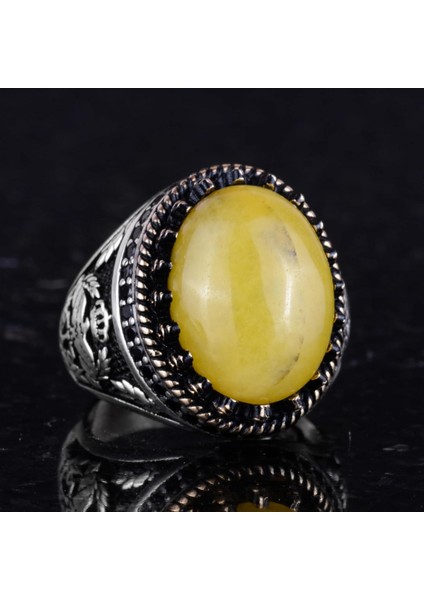 Doğal Taş Yüzük - El Yapımı Şahin Yüzük - 925 Ayar Gümüş Yüzük (Amber) indirimleri