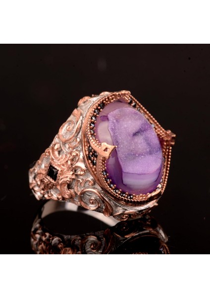 Doğal Drusy Kristal Kuvars Taş Yüzüğü, 925 Ayar Gümüş Erkek Yüzüğü fırsatları