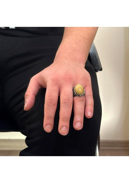 Doğal Sarı Akik Taş Yüzük, 925 Ayar Sert Gümüş Yüzük Erkekler Için modelleri