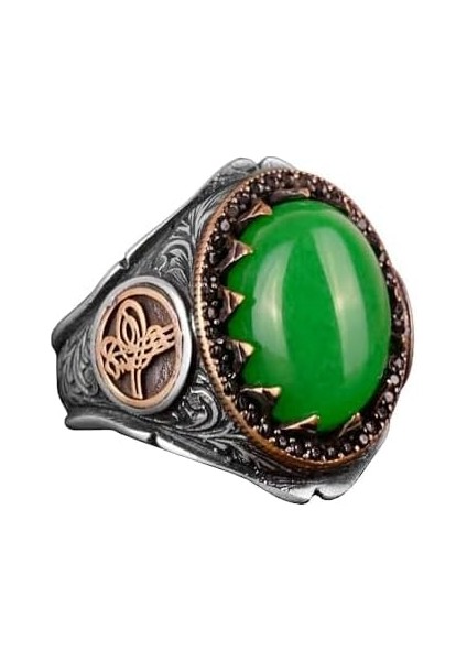 Erkekler Için 925 Ayar Gümüş Yüzük - Doğal Taşlı Yüzük - Cesur ve Enerji Dolu Tasarım (Jade)