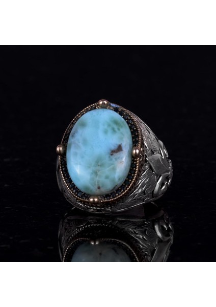 925K Ayar Gümüş El Yapımı Erkek Yüzük - Çeşitli Doğal Taşlarla (Larimar) Mevcut fiyatları