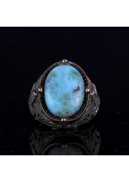 925K Ayar Gümüş El Yapımı Erkek Yüzük - Çeşitli Doğal Taşlarla (Larimar) Mevcut fırsatları