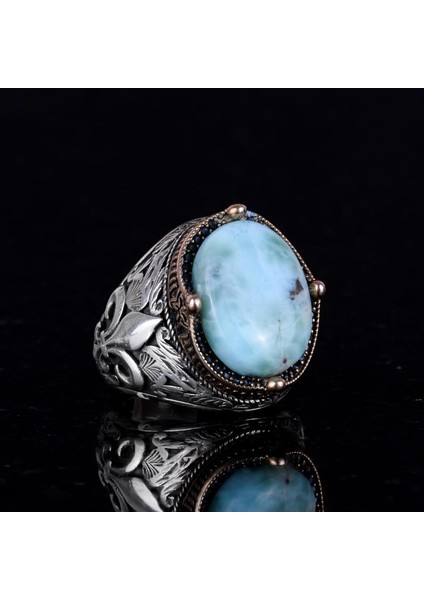 925K Ayar Gümüş El Yapımı Erkek Yüzük - Çeşitli Doğal Taşlarla (Larimar) Mevcut indirimleri