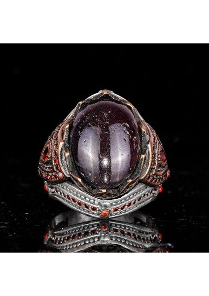 925 Ayar Gümüş Erkek Yüzük Doğal Yıldız Granat Taşı ile - El Yapımı Vintage Gümüş Takı Erkekler Için fırsatları