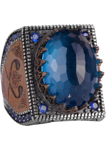 925 Ayar Gümüş Islami Yüzük, Yapay Taş Yüzük, El Yapımı Hat Yazılı Yüzük (Yapay Mavi Topaz)