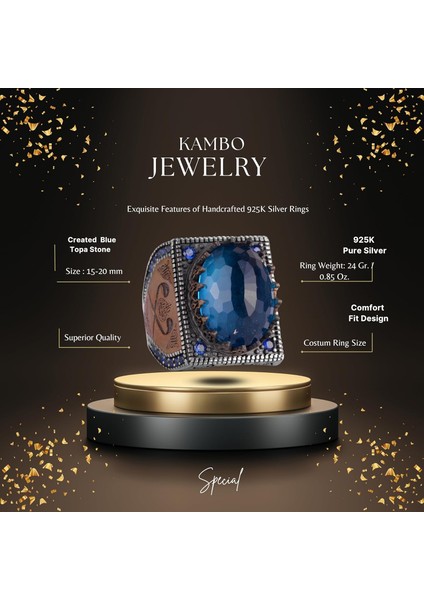 925 Ayar Gümüş Islami Yüzük, Yapay Taş Yüzük, El Yapımı Hat Yazılı Yüzük (Yapay Mavi Topaz) fiyatları