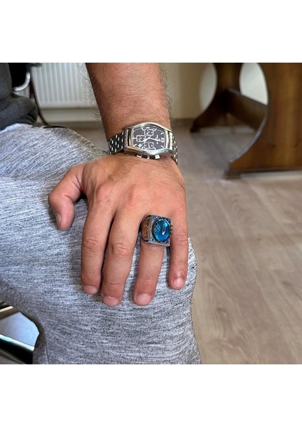 925 Ayar Gümüş Islami Yüzük, Yapay Taş Yüzük, El Yapımı Hat Yazılı Yüzük (Yapay Mavi Topaz) modelleri