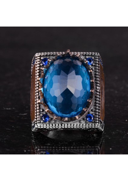 925 Ayar Gümüş Islami Yüzük, Yapay Taş Yüzük, El Yapımı Hat Yazılı Yüzük (Yapay Mavi Topaz) fırsatları