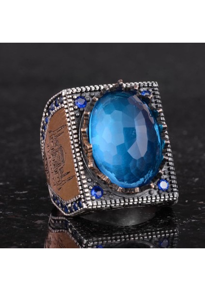925 Ayar Gümüş Islami Yüzük, Yapay Taş Yüzük, El Yapımı Hat Yazılı Yüzük (Yapay Mavi Topaz) indirimleri