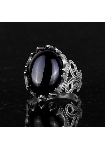 925 Ayar Gümüş Erkek Yüzük - Farklı Yapay Taşlarla Mevcut (Cabochon Oniks Yapay Taşı) fırsatları