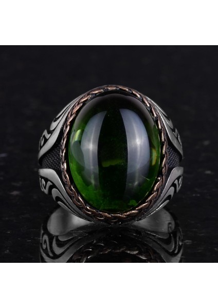 925 Ayar Gümüş Yüzük - Sentetik Taş Gümüş Yüzük - El Yapımı Yüzük (Sentetik Peridot)