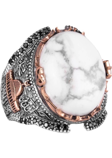 Islami Camii Doğal Howlite Taşlı Erkek Yüzük, 925 Ayar Gümüş Yüzük