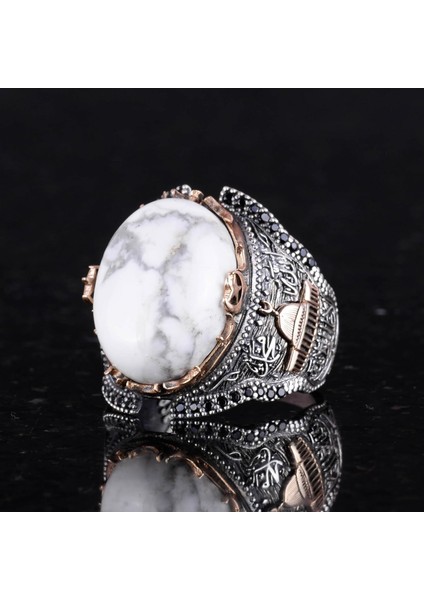 Islami Camii Doğal Howlite Taşlı Erkek Yüzük, 925 Ayar Gümüş Yüzük indirimleri