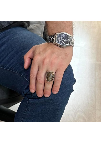 El Yapımı Doğal Bronzit Taş Yüzük, 925K Katı Gümüş Erkek Yüzüğü, Tasarım Gümüş Erkek Yüzüğü fiyatları