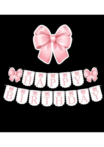 Pembe Fiyonk Kurdele Happy Birthday Yazılı Banner Büyükboy Doğum Günü Süsü 15PARÇA