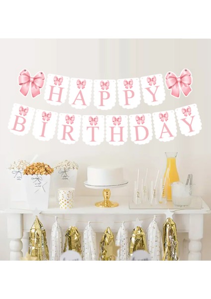 Pembe Fiyonk Kurdele Happy Birthday Yazılı Banner Büyükboy Doğum Günü Süsü 15PARÇA indirimleri