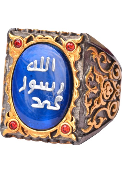 Erkekler Için Gümüş Sultan Yüzük - Islami Tasarım (Mavi)
