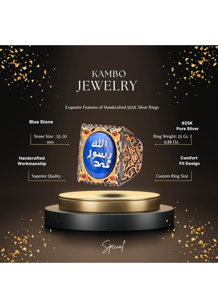 Erkekler Için Gümüş Sultan Yüzük - Islami Tasarım (Mavi) fiyatları