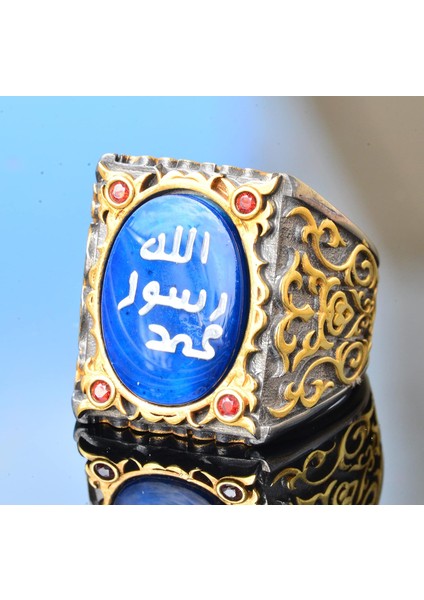 Erkekler Için Gümüş Sultan Yüzük - Islami Tasarım (Mavi) modelleri
