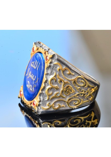 Erkekler Için Gümüş Sultan Yüzük - Islami Tasarım (Mavi) fırsatları