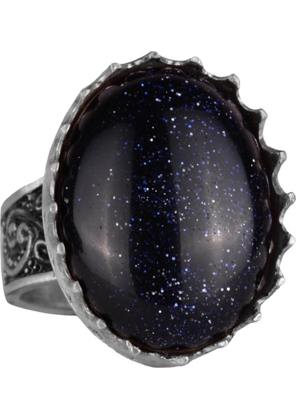 925 Ayar Gümüş Yüzük - Büyük Yüzük - Sentetik Taşlı Gümüş Yüzük - El Yapımı Yüzük (Sentetik Mavi Güneş)