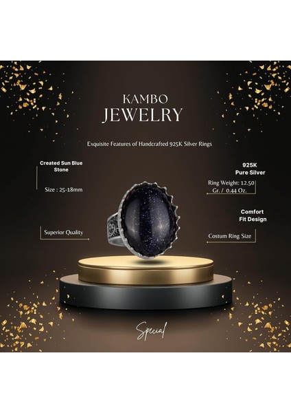 925 Ayar Gümüş Yüzük - Büyük Yüzük - Sentetik Taşlı Gümüş Yüzük - El Yapımı Yüzük (Sentetik Mavi Güneş) fiyatları