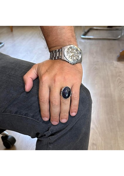 925 Ayar Gümüş Yüzük - Büyük Yüzük - Sentetik Taşlı Gümüş Yüzük - El Yapımı Yüzük (Sentetik Mavi Güneş) modelleri