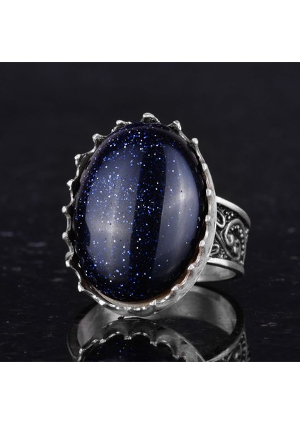 925 Ayar Gümüş Yüzük - Büyük Yüzük - Sentetik Taşlı Gümüş Yüzük - El Yapımı Yüzük (Sentetik Mavi Güneş) indirimleri
