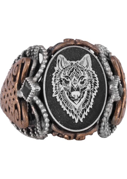 Sterling Gümüş Desenli Yüzük, Amblem - Zarif Kültürel Tasarım (Kurt Başı)