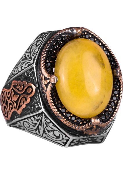925 Ayar Katı Gümüş Yüzük - Doğal Sarı Akik Taşı Yüzük, Gümüş Erkek Yüzüğü