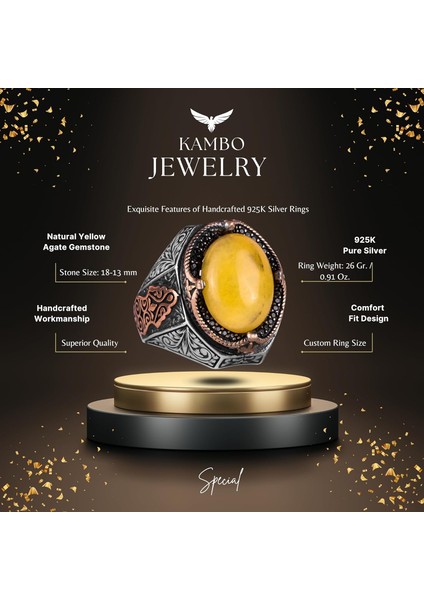 925 Ayar Katı Gümüş Yüzük - Doğal Sarı Akik Taşı Yüzük, Gümüş Erkek Yüzüğü fiyatları