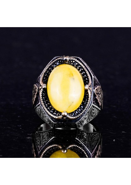 925 Ayar Katı Gümüş Yüzük - Doğal Sarı Akik Taşı Yüzük, Gümüş Erkek Yüzüğü fırsatları