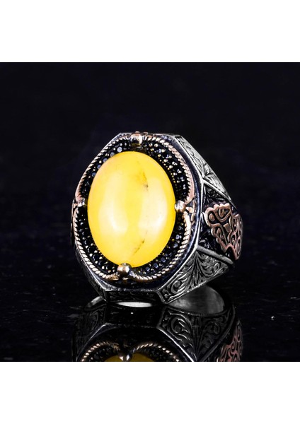 925 Ayar Katı Gümüş Yüzük - Doğal Sarı Akik Taşı Yüzük, Gümüş Erkek Yüzüğü indirimleri