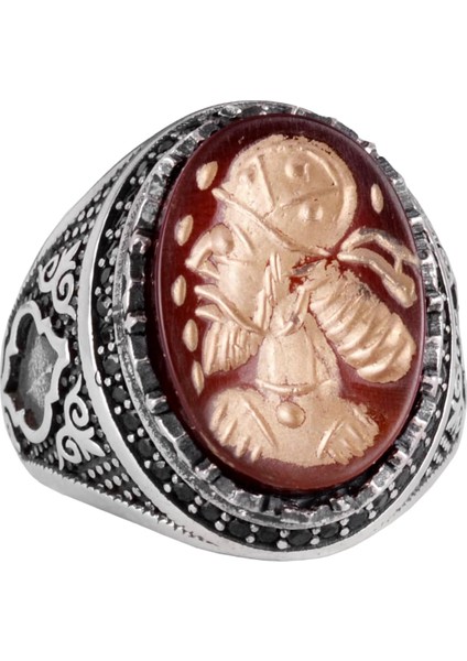 Doğal Agat Taşlı Şaman Yüzüğü - Gümüş Takı - Oymalı Taş Yüzük - 925 Ayar Gümüş Erkek Yüzüğü