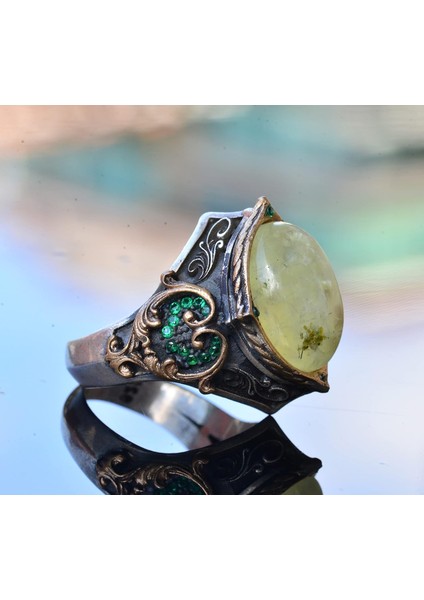 925 Ayar Gümüş Erkek Yüzük, Doğal Prehnit Taşı Ile, Osmanlı Tarzı Yüzük, Yeşil Prehnit Taş modelleri