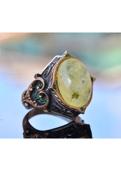 925 Ayar Gümüş Erkek Yüzük, Doğal Prehnit Taşı Ile, Osmanlı Tarzı Yüzük, Yeşil Prehnit Taş fırsatları