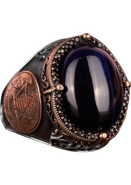 David Yıldızı Yüzüğü, Yapay Taş Yüzük, 925 Ayar Gümüş Süleyman Yüzüğü (Koyu Mavi Kedi Gözü Yapay Taş)