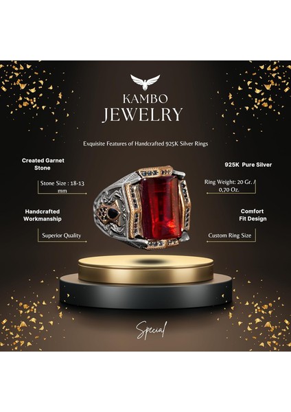 El Yapımı 925 Ayar Gümüş Yüzük - Garnet Taşlı Erkek Takısı fiyatları