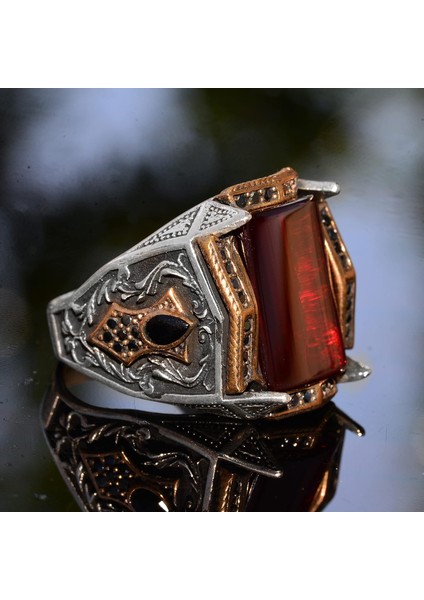 El Yapımı 925 Ayar Gümüş Yüzük - Garnet Taşlı Erkek Takısı modelleri