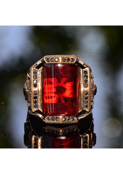 El Yapımı 925 Ayar Gümüş Yüzük - Garnet Taşlı Erkek Takısı fırsatları