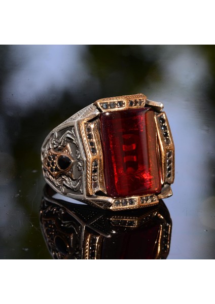 El Yapımı 925 Ayar Gümüş Yüzük - Garnet Taşlı Erkek Takısı indirimleri