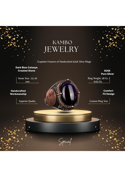 David Yıldızı Yüzüğü, Yapay Taş Yüzük, 925 Ayar Gümüş Süleyman Yüzüğü (Koyu Mavi Kedi Gözü Yapay Taş) fiyatları