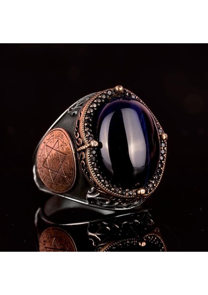 David Yıldızı Yüzüğü, Yapay Taş Yüzük, 925 Ayar Gümüş Süleyman Yüzüğü (Koyu Mavi Kedi Gözü Yapay Taş) modelleri