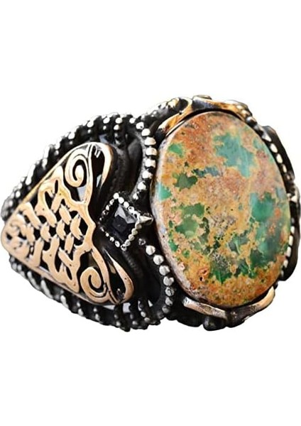 Erkekler Için Yeşil Turkuaz Taş Yüzük, 925 Ayar Gümüş Vintage Ortadoğu Tasarımı (Stil-4)