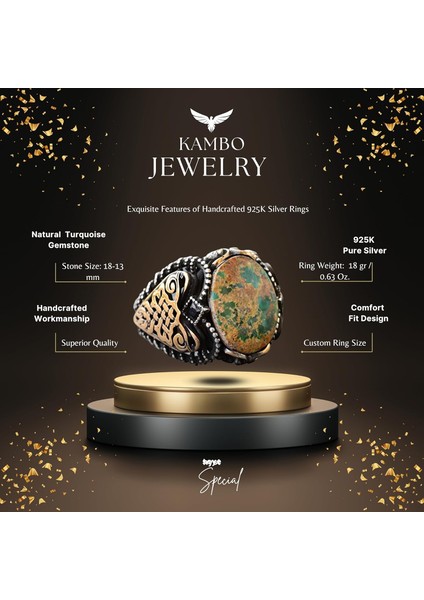 Erkekler Için Yeşil Turkuaz Taş Yüzük, 925 Ayar Gümüş Vintage Ortadoğu Tasarımı (Stil-4) fiyatları