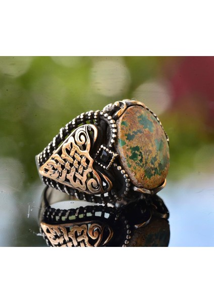 Erkekler Için Yeşil Turkuaz Taş Yüzük, 925 Ayar Gümüş Vintage Ortadoğu Tasarımı (Stil-4) fırsatları