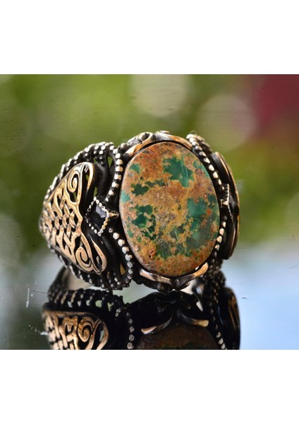 Erkekler Için Yeşil Turkuaz Taş Yüzük, 925 Ayar Gümüş Vintage Ortadoğu Tasarımı (Stil-4) indirimleri