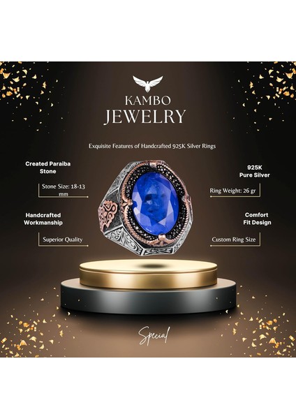 Navy Mavi Paraiba Yapay Taş Yüzük, 925 Ayar Gümüş Yüzük, Şık El Yapımı Gümüş Erkek Yüzüğü fiyatları