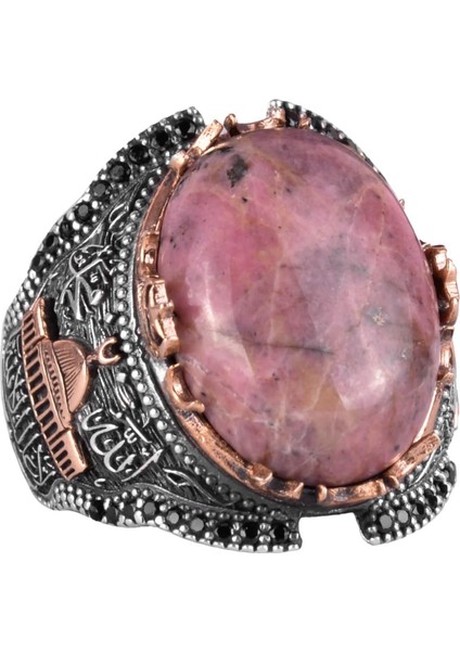 Gümüş Camii Yüzük, Rhodonit Doğal Taş Yüzük, 925 Ayar Gümüş Erkek Yüzük