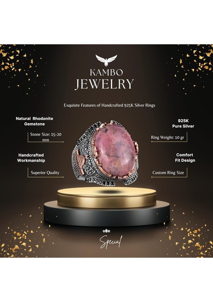 Gümüş Camii Yüzük, Rhodonit Doğal Taş Yüzük, 925 Ayar Gümüş Erkek Yüzük fiyatları